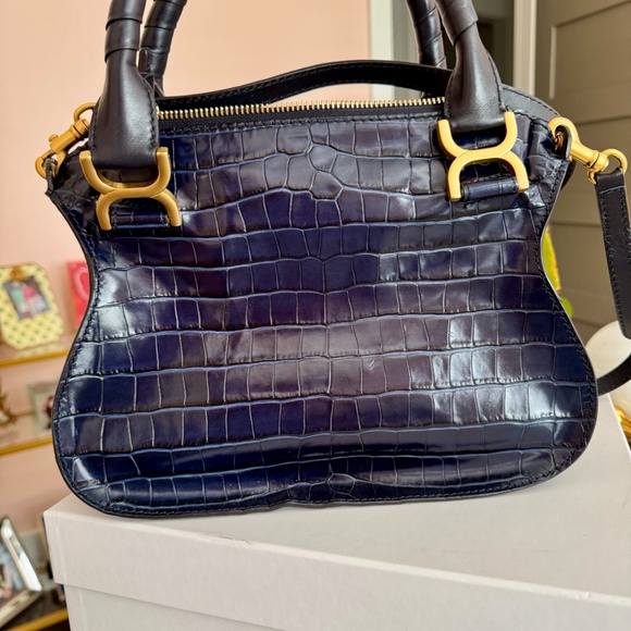Chloé Navy Embossed Crocodile Leather Top Handle Bag w/Shoulder strap - Picture 5 of 10